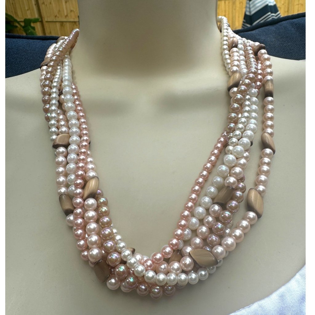 Vintage Japan Multi-Strand Faux Pearl & Tiger Eye Bead Necklace